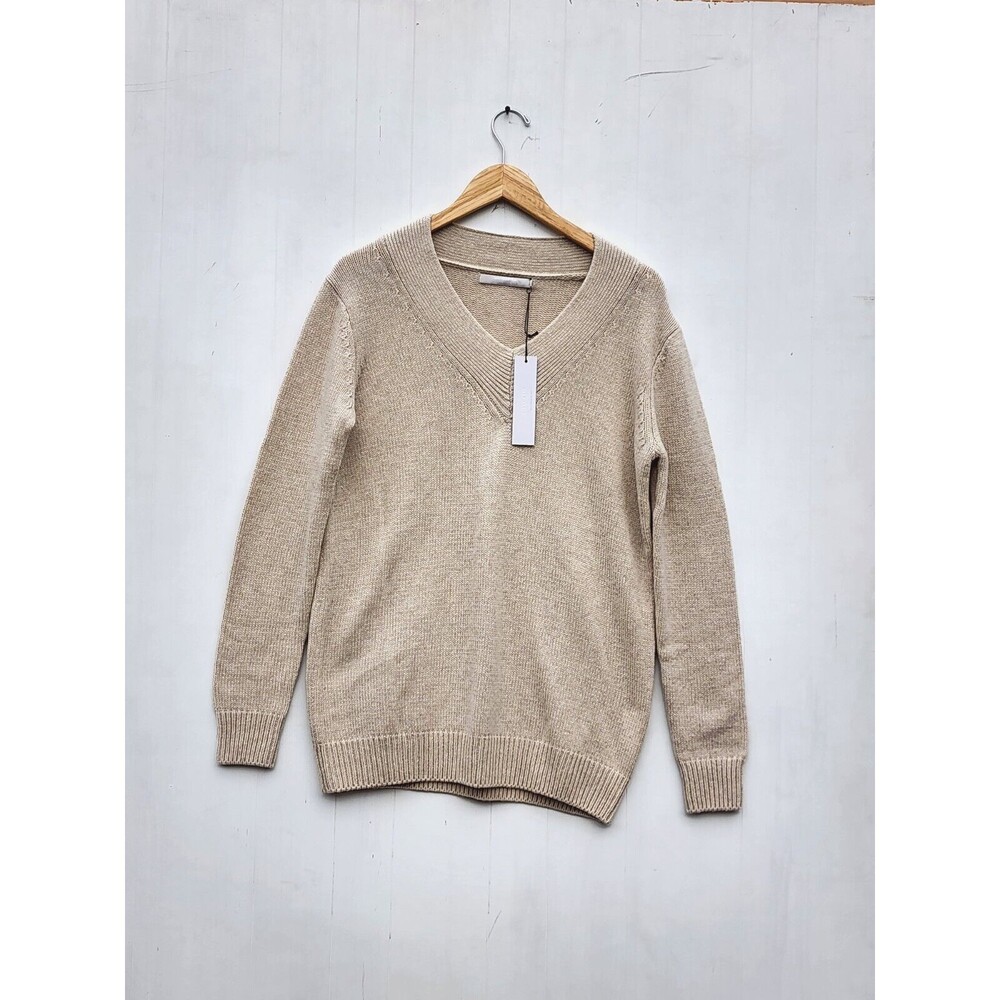 One Grey Day Women's Beige Long Knit Oversized V Neck Cotton Wool Sweater Sz XS